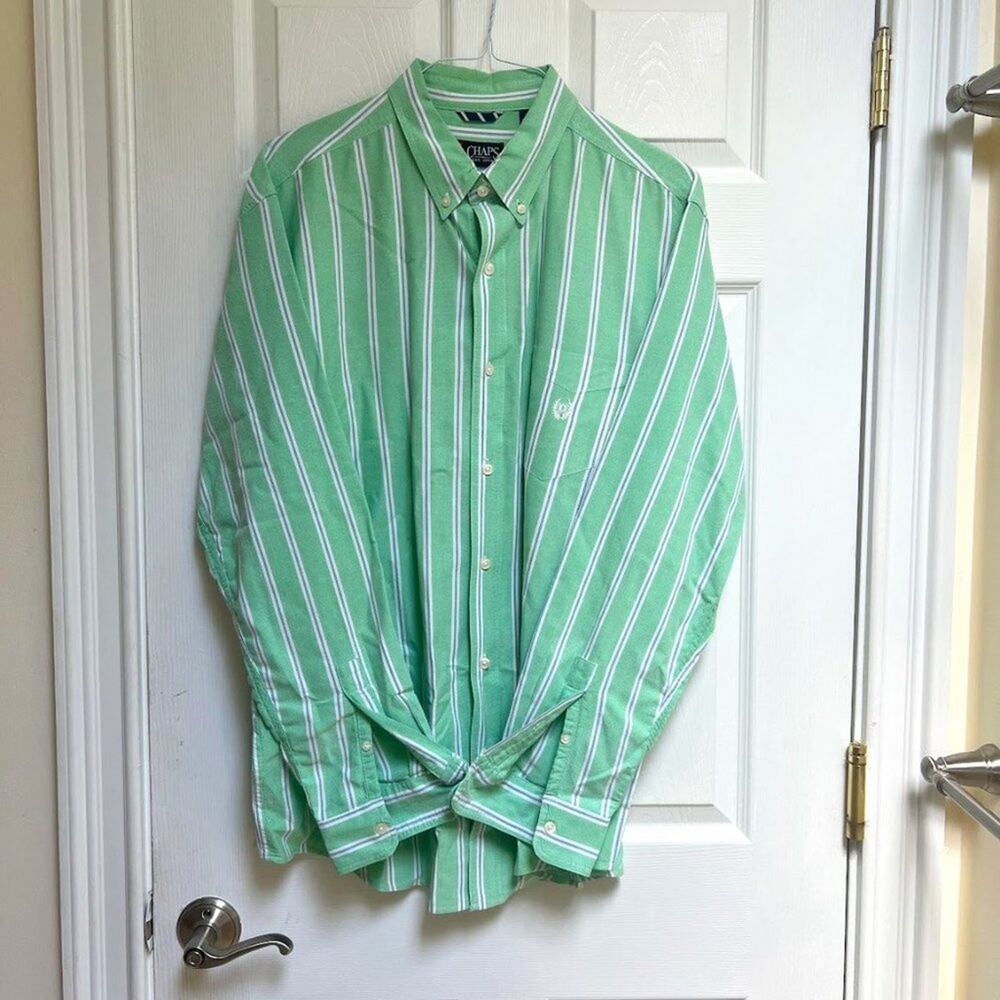 NWOT Chaps 100% Cotton Mint Green & White Striped Button Down